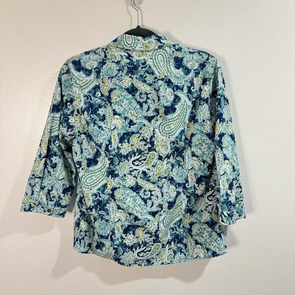 Lands' End Shirt Blouse 12 / L No Iron Supima Cotton Paisley Blue 3/4 Sleeves - Picture 5 of 8